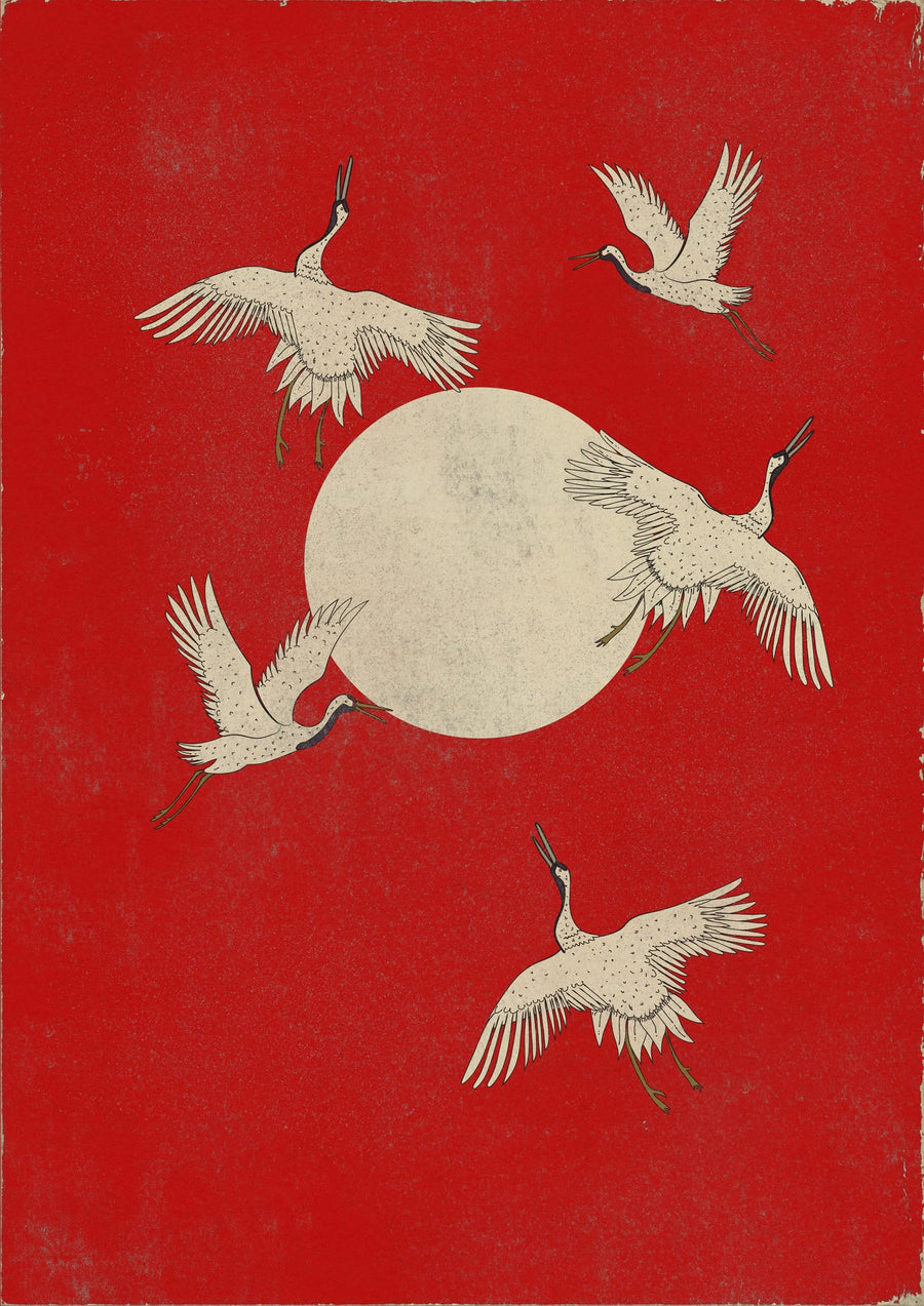 Japanese Cranes Red Moon By Nicholas | Art & Canvas Print