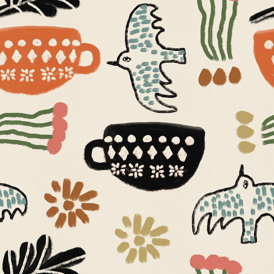 Nordic Folk Cups And Birds By Raipa Studio | Canvas Square Print