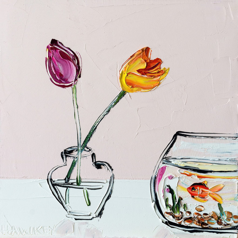 Goldfish And Tulips By Angela Hawkey | Canvas Square Print