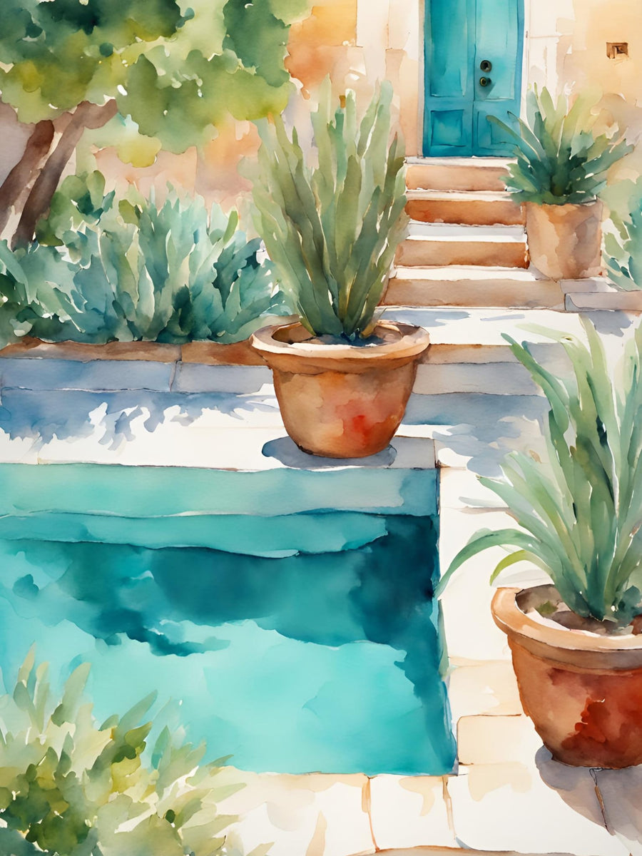 Mediterranean Poolside Garden By Ohkimiko | Art & Canvas Print