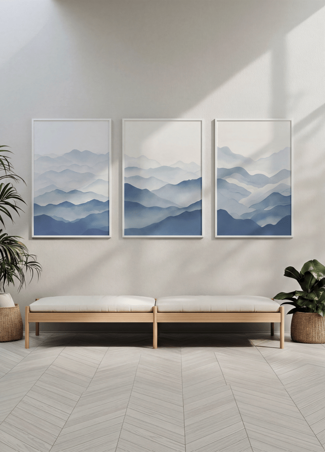 Blue Abstract Ocean Prints Set of 3 Coastal