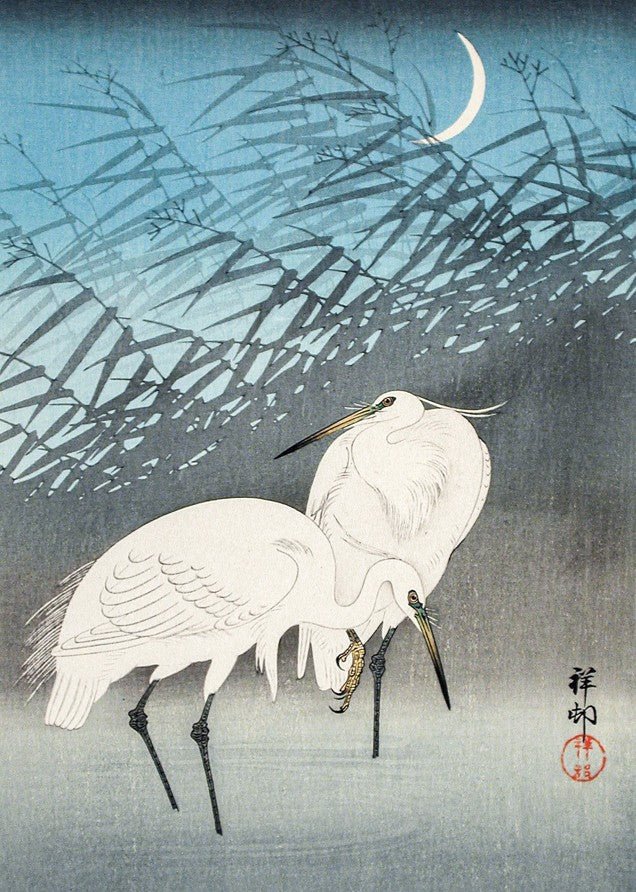 Egrets and Reeds in Moonlight by Ohara Koson