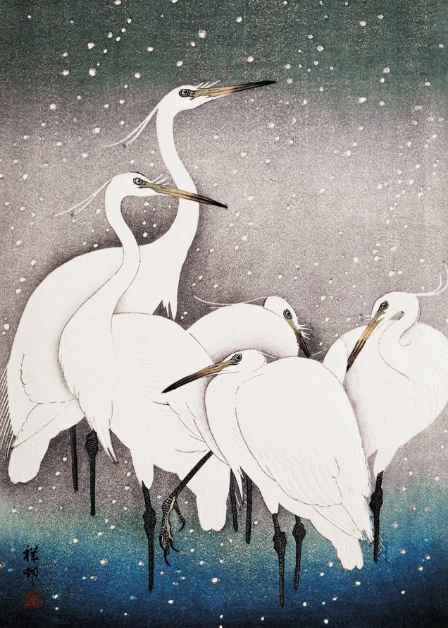 Egrets Birds in Snow 1925 Japanese Woodblock Print
