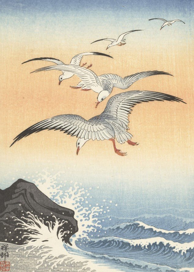 Five Seagulls Above Raging Seas by Ohara Koson