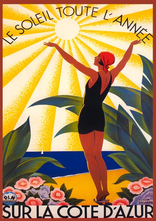 French Riviera Art Deco Poster Woman Sunbathing Vintage