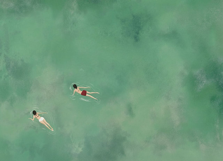 Green Ocean Swimmer Girls Coastal Wall Art Landscape