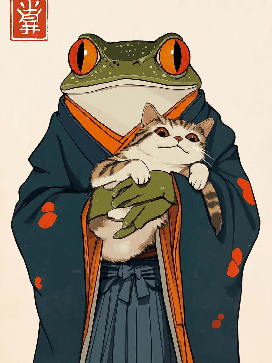 Japanese Frog Samurai Cat Vintage | Art & Canvas Print