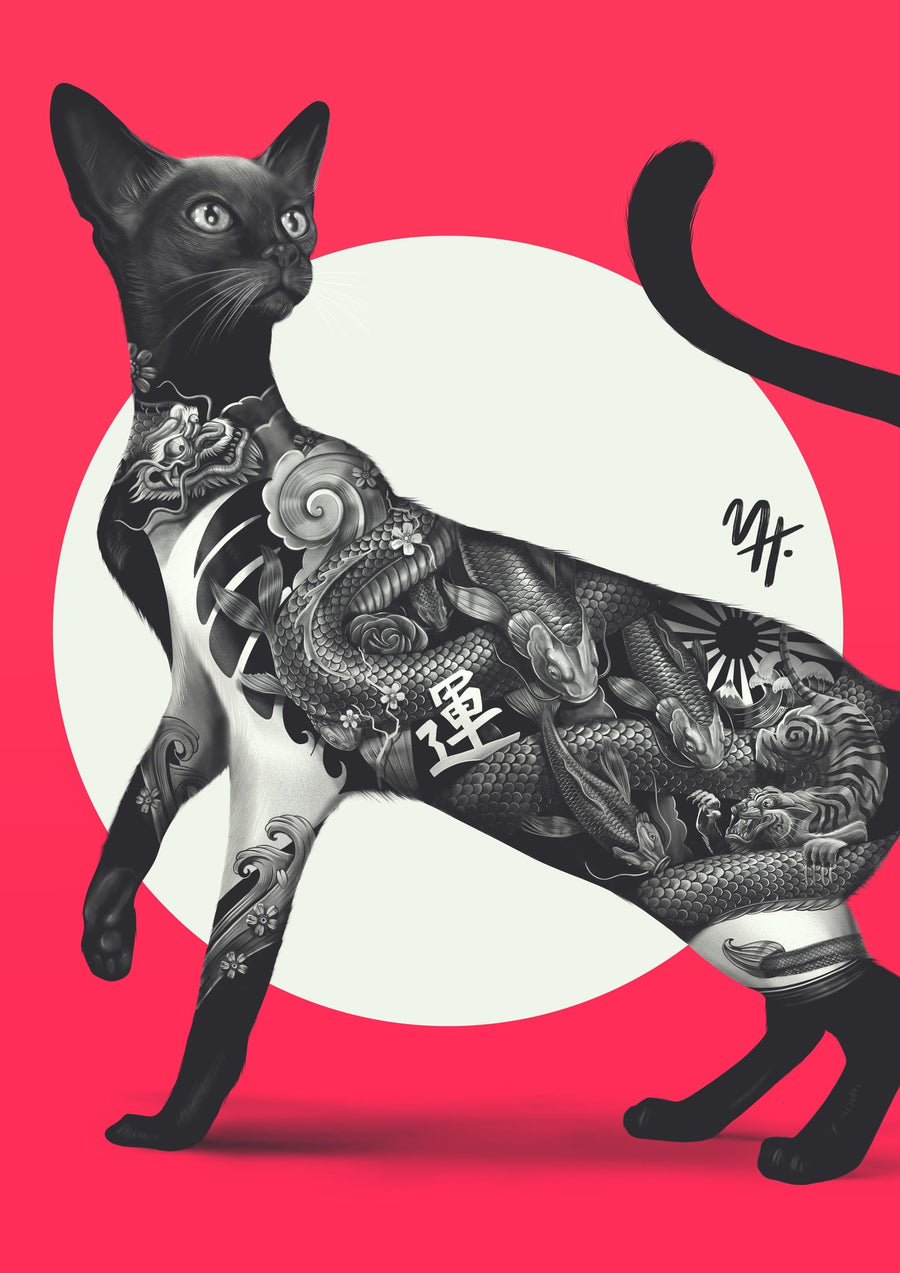 Japanese Cat Tattoo Red By Mark Harrison