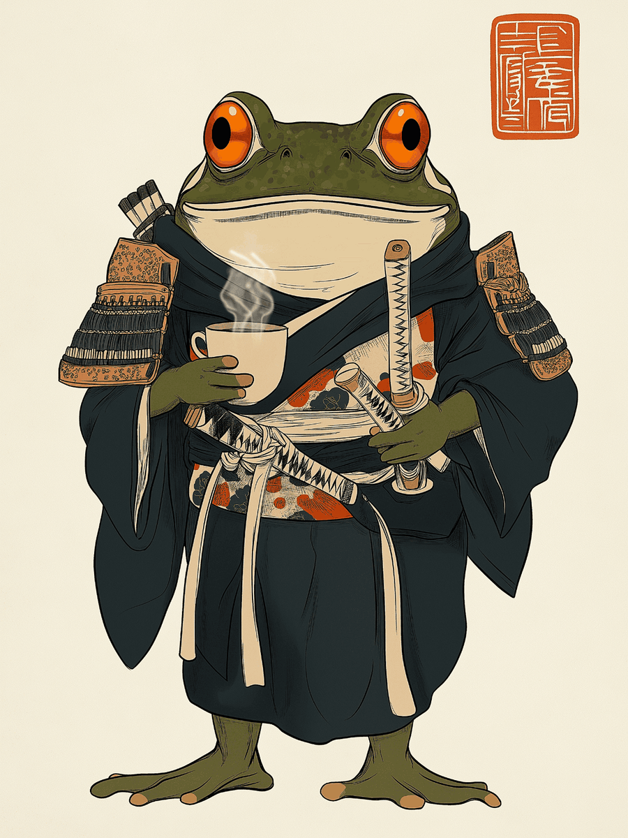 Japanese Frog Samurai Coffee Break Vintage Print