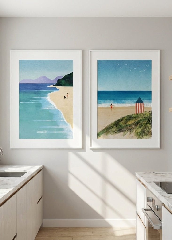 Morning Brighton Beach Stroll Set of 2 Abstract Prints by Henry Rivers