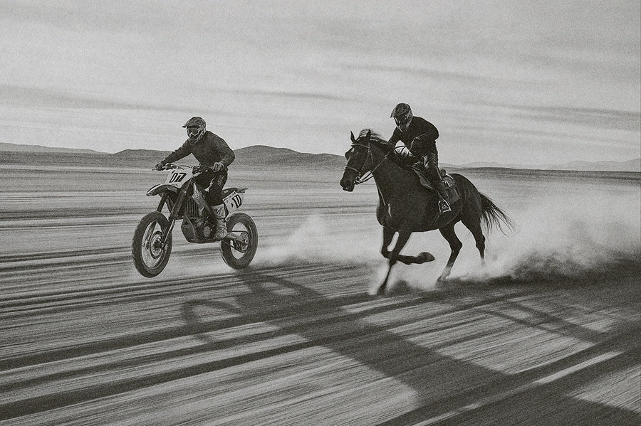 Motorbike vs Horse Desert Race Photograph Print