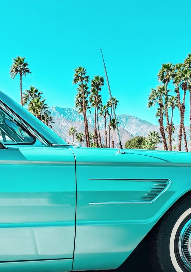 Vintage 60s Teal Car And Palm Trees In Palm Springs By Tom Windeknecht