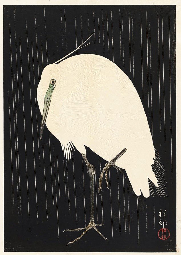 White Heron Standing in the Rain by Ohara Koson