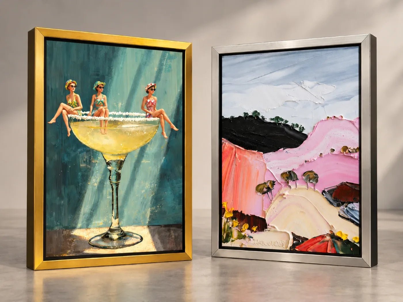 Canvas prints in gold leaf and silver leaf floating frames