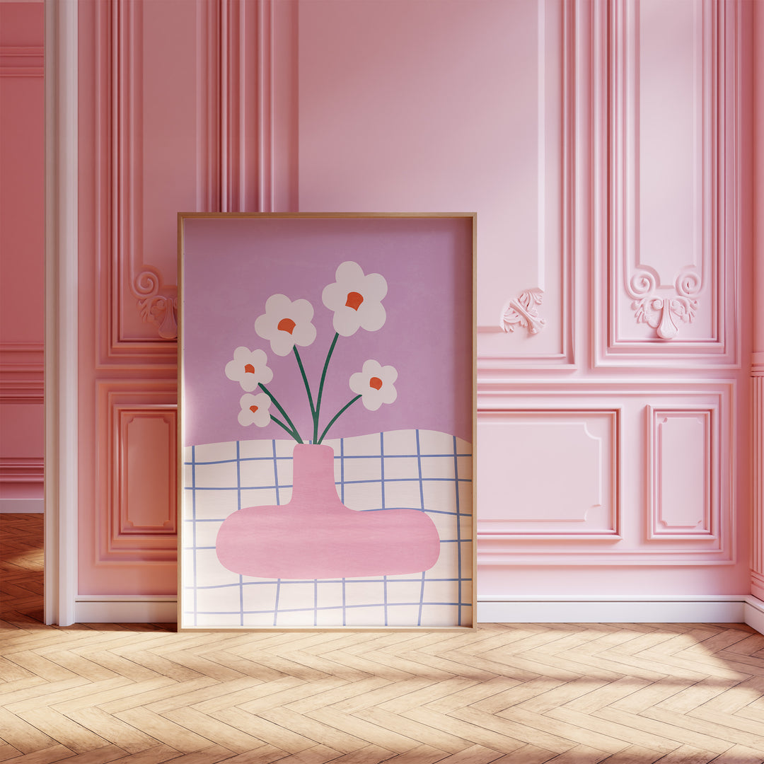 Pink Abstract Daisies Print,gallery timber border