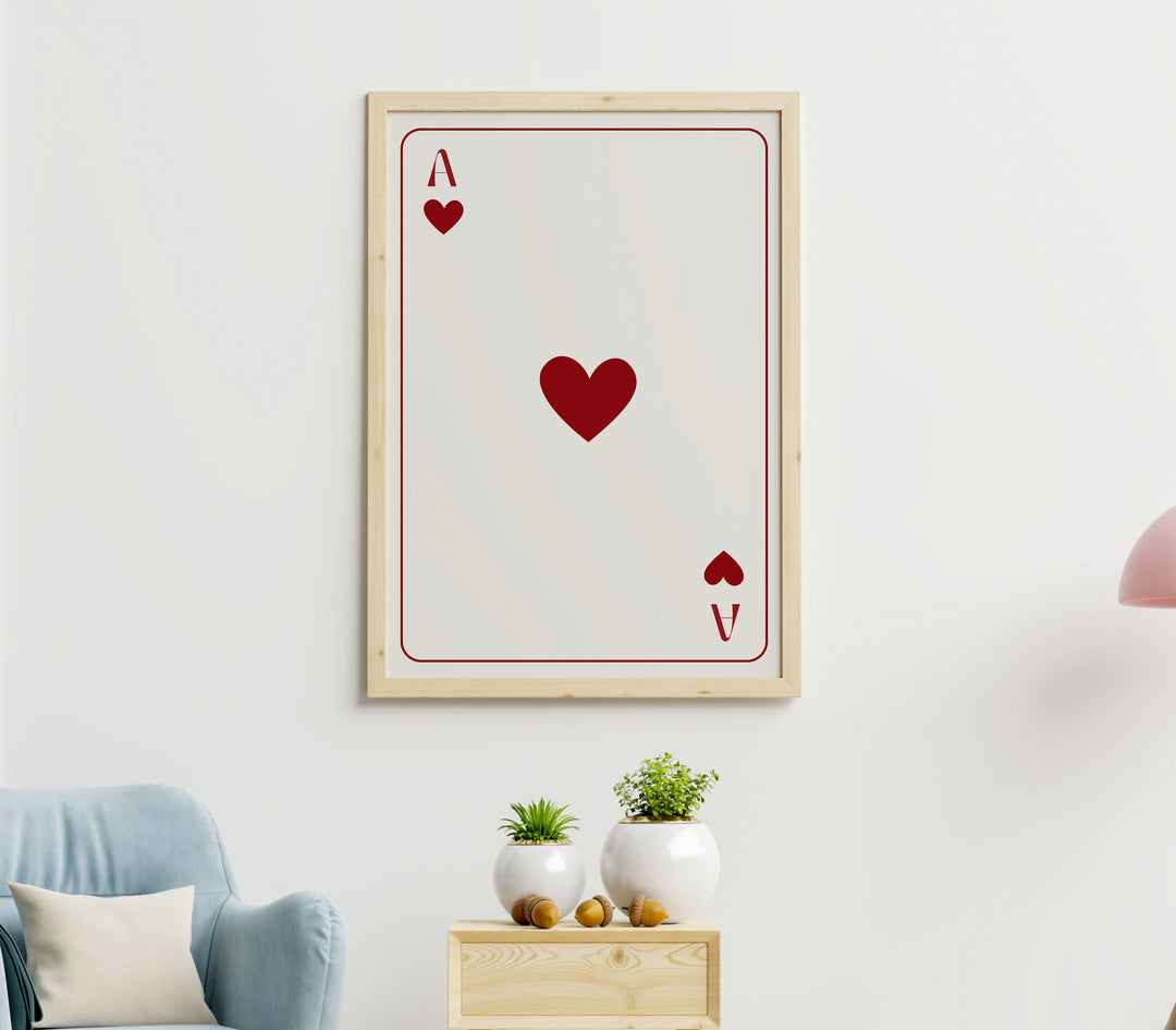 Red Ace of Hearts Print,gallery wall,livingroom,timber border