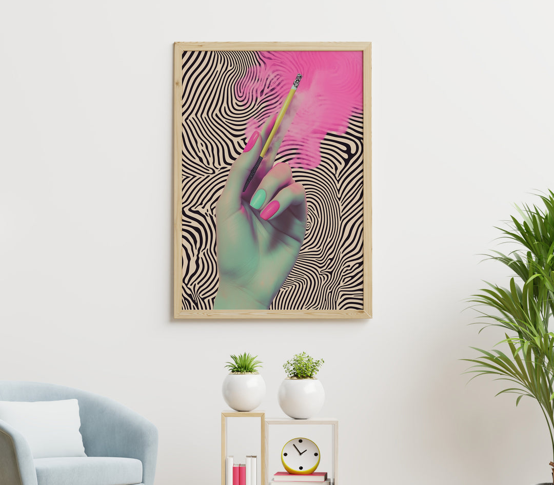 Pink Cigarette Zebra Wall Print,living room,timber border