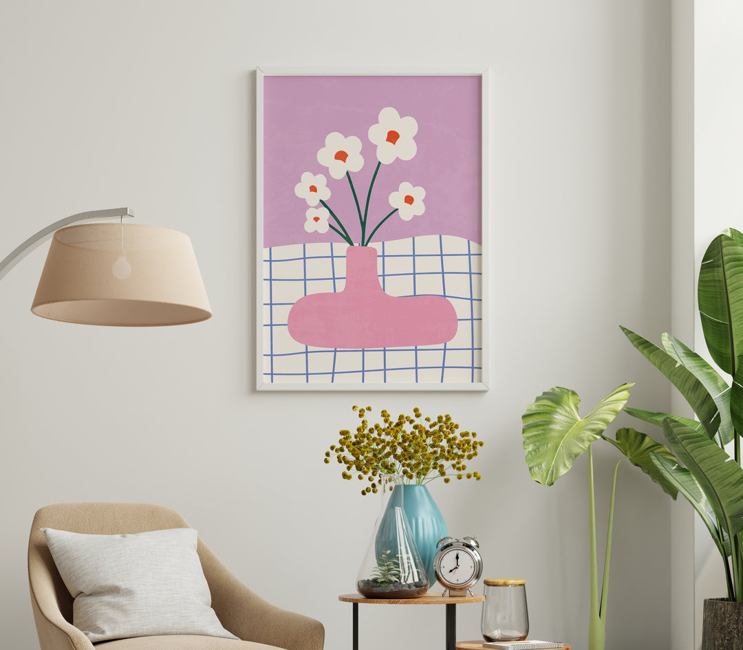 Pink Abstract Daisies Print,livingroom,whie border