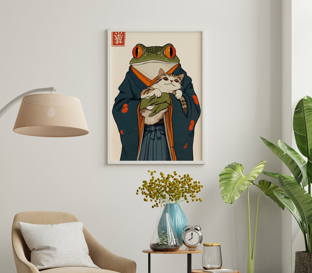 Japanaese Frog Samuri Cat Vintage Artwork,livingroom,white border