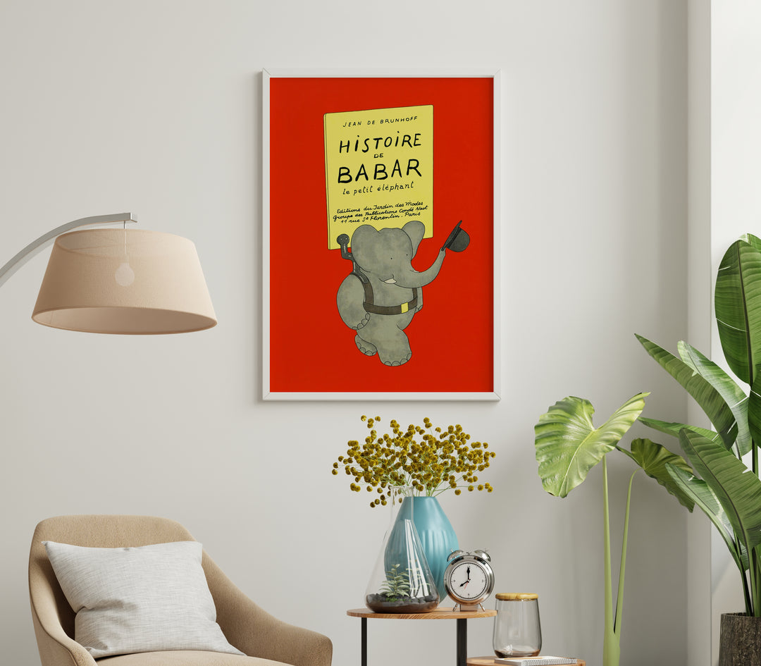 Babar Journey Red Kids Print,gallery,living room,timber border