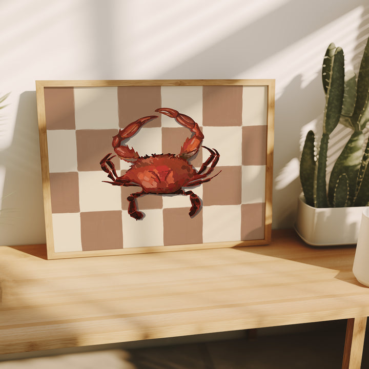 Beige Checkered Crab Wall Art,gallary wall,living room,timber border