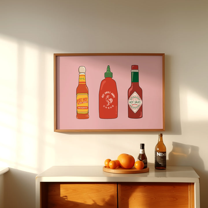 Flaming Sauces Trio by Lucia Sankovic,hallway,gallery wall,timber border