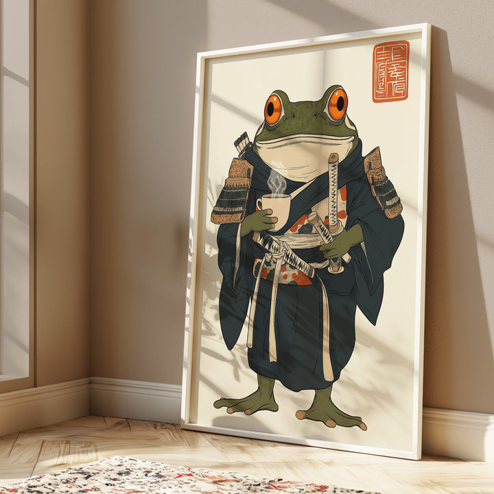 Japanese Frog Samurai Coffee Break Vintage Print,gallery wall,white border