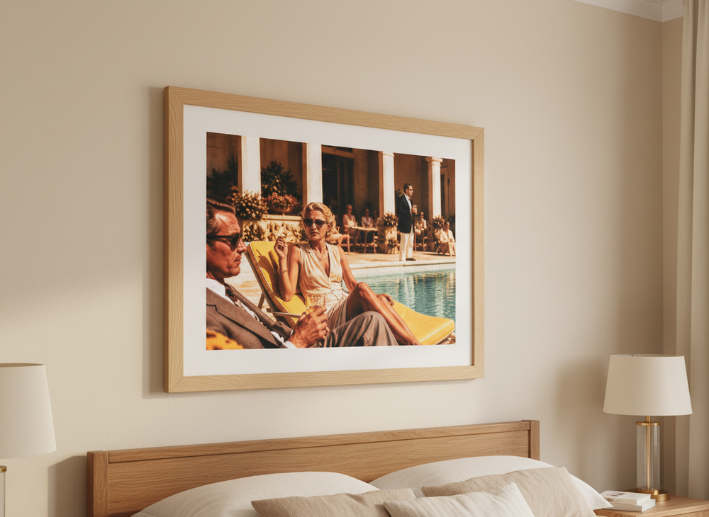 Minimalist artwork displayed in a calm, light-filled bedroom interior