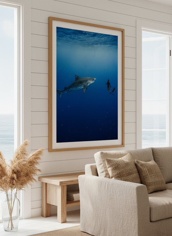 Neutral wall art displayed in a sunny coastal beach house