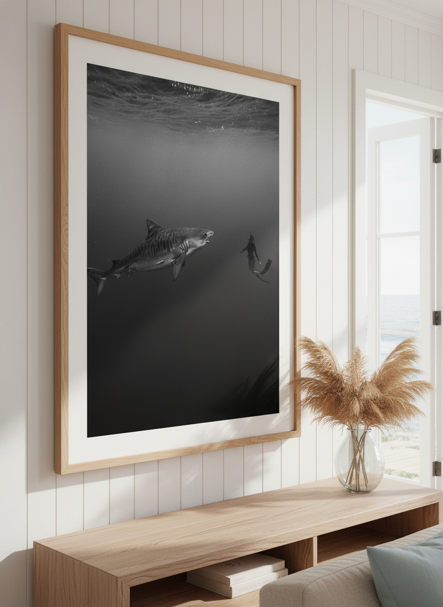 Neutral wall art displayed in a sunny coastal beach house