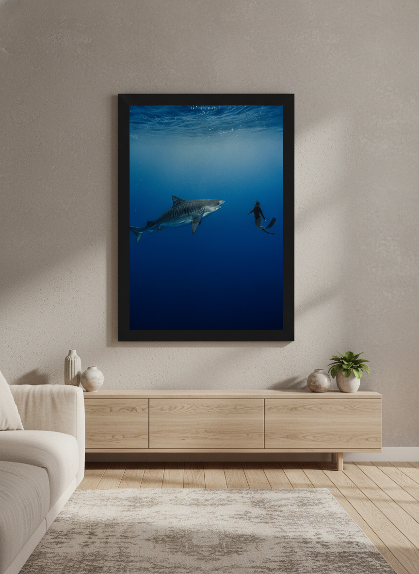 Modern wall art styled above a sofa in a neutral living room