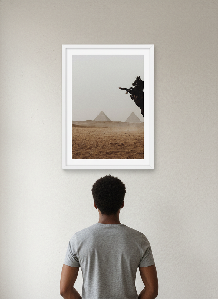 Person showcasing the artwork against a clean modern interior wall