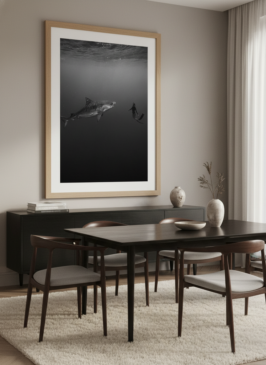 Monumental artwork centred on a feature wall in a luxe interior