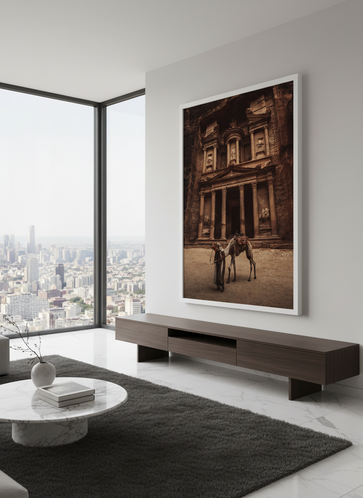 Monumental artwork centred on a feature wall in a luxe interior