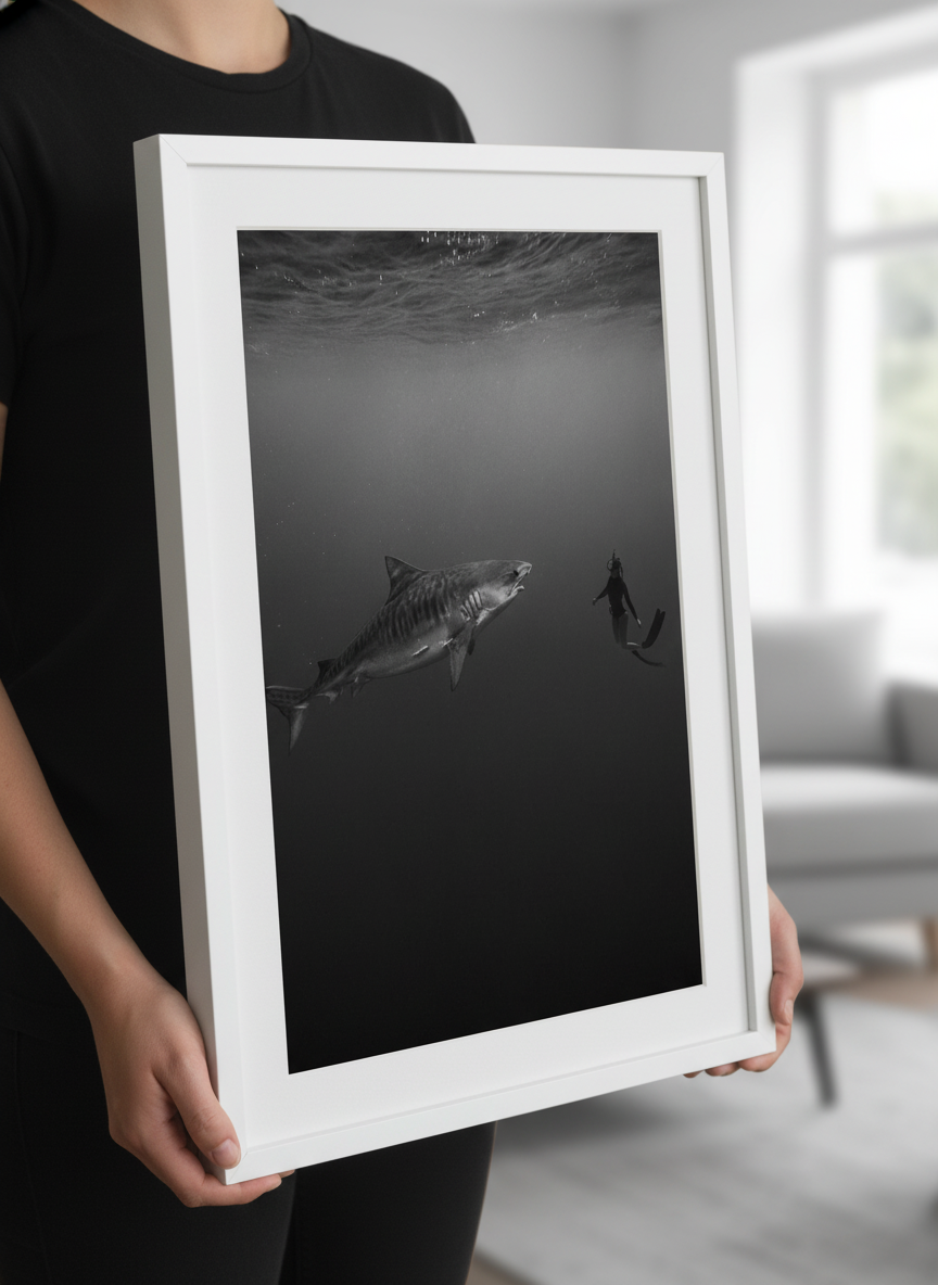 Person showcasing the artwork against a clean modern interior wall