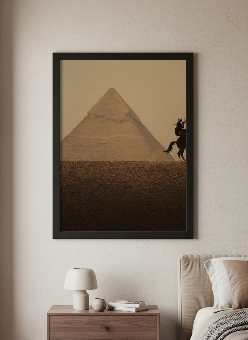 Minimalist artwork displayed in a calm, light-filled bedroom interior