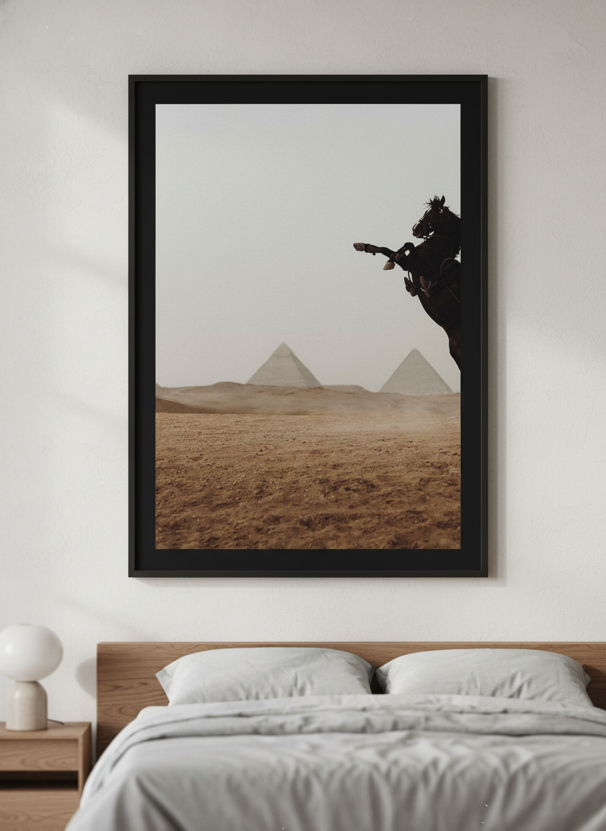 Minimalist artwork displayed in a calm, light-filled bedroom interior