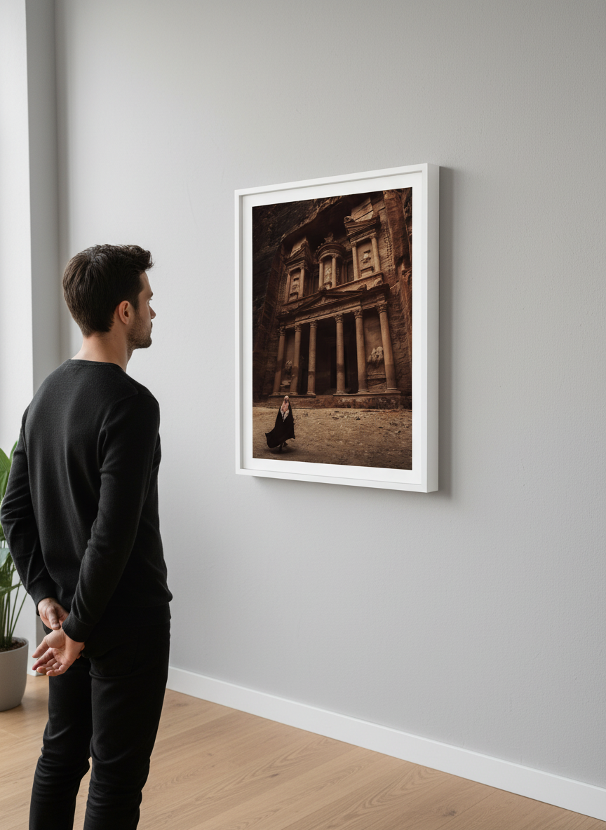 Person showcasing the artwork against a clean modern interior wall