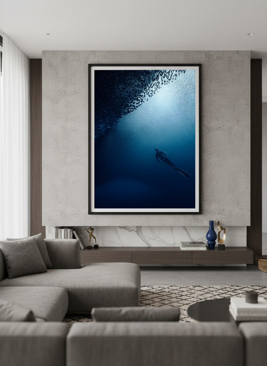 Monumental artwork centred on a feature wall in a luxe interior