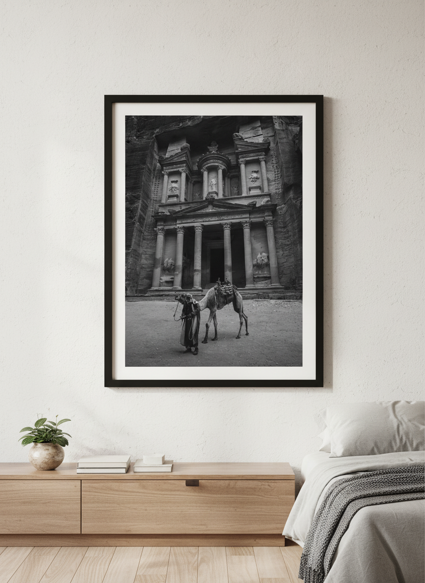 Minimalist artwork displayed in a calm, light-filled bedroom interior