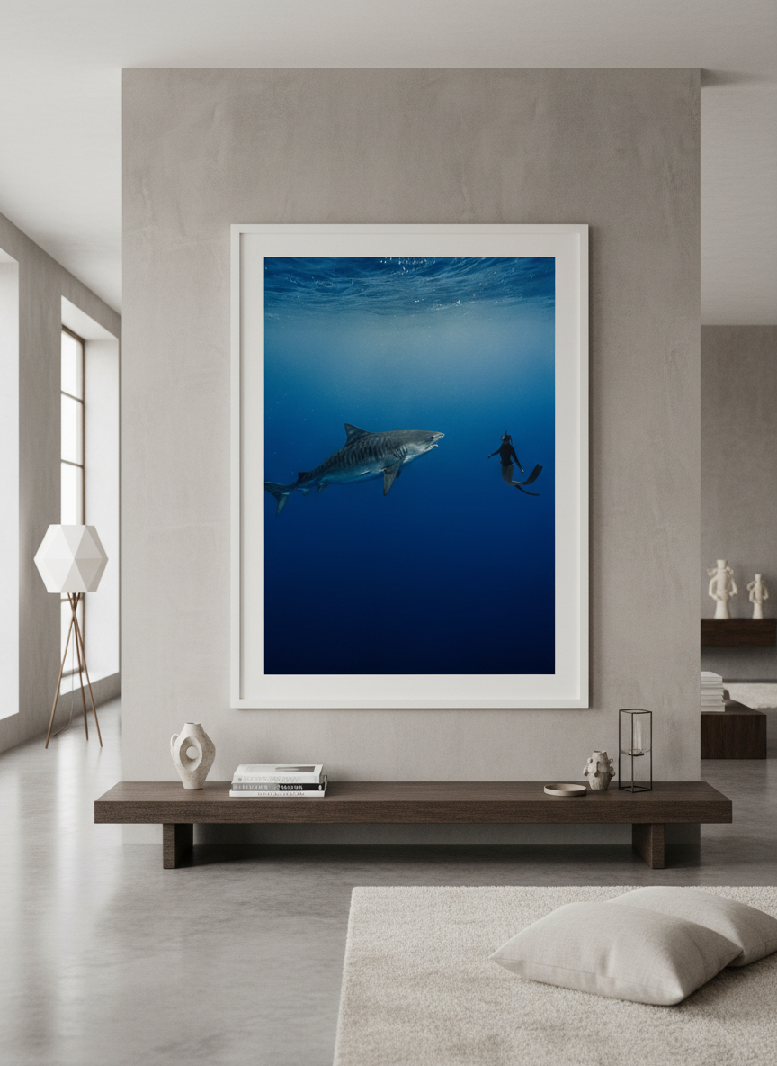 Monumental artwork centred on a feature wall in a luxe interior