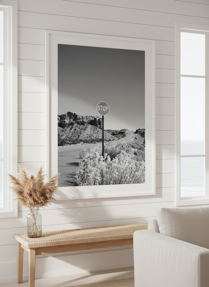 Neutral wall art displayed in a sunny coastal beach house