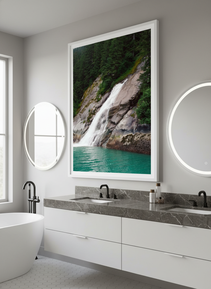 Modern print displayed in a clean minimalist bathroom setting
