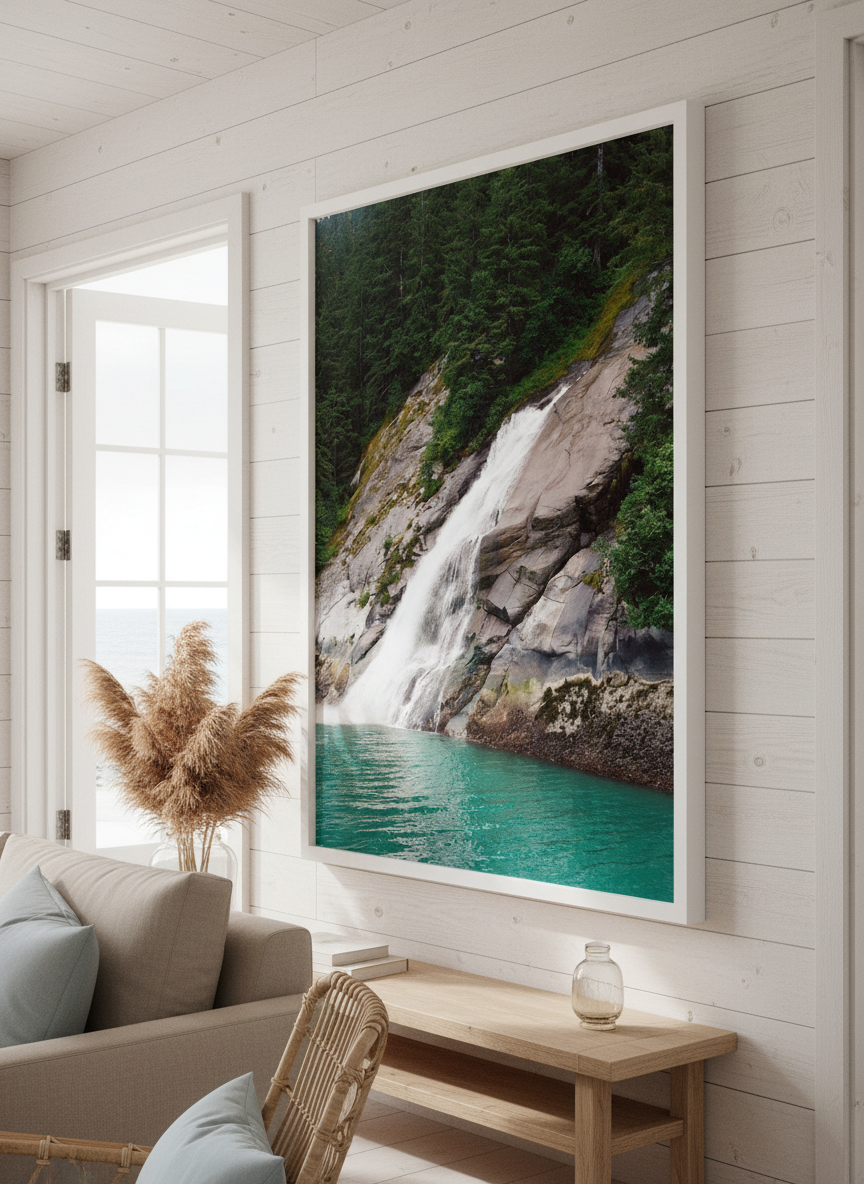 Neutral wall art displayed in a sunny coastal beach house