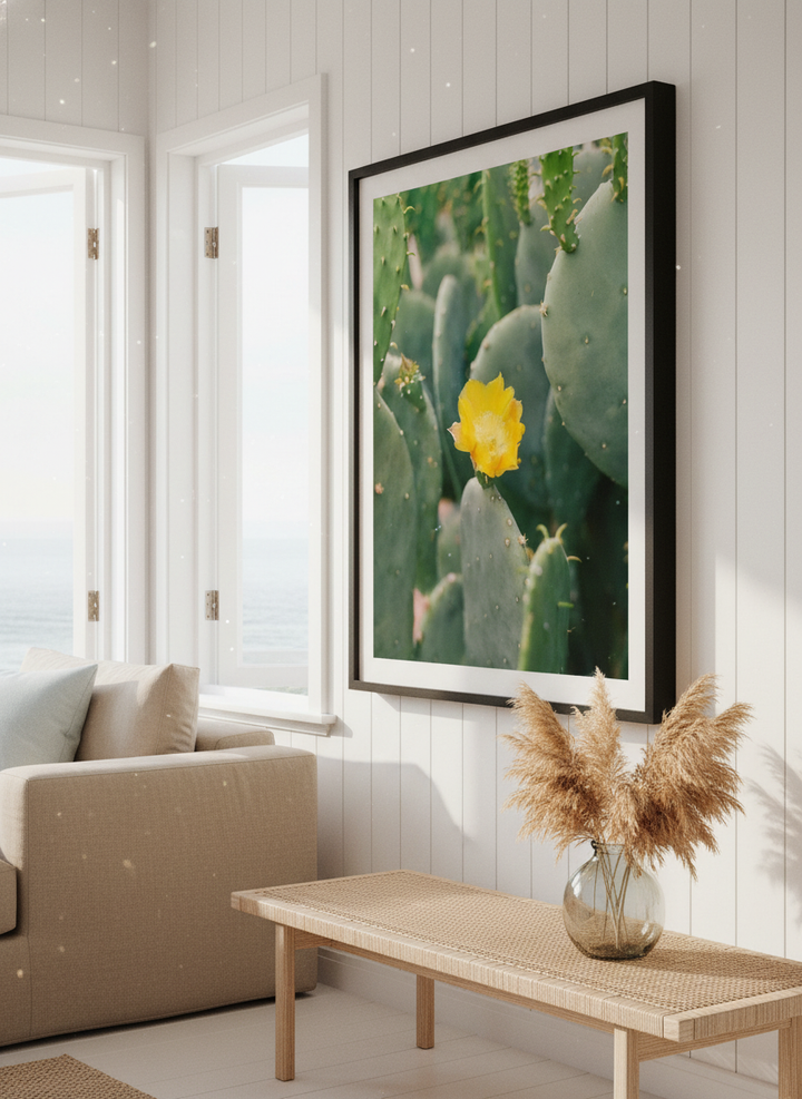 Neutral wall art displayed in a sunny coastal beach house