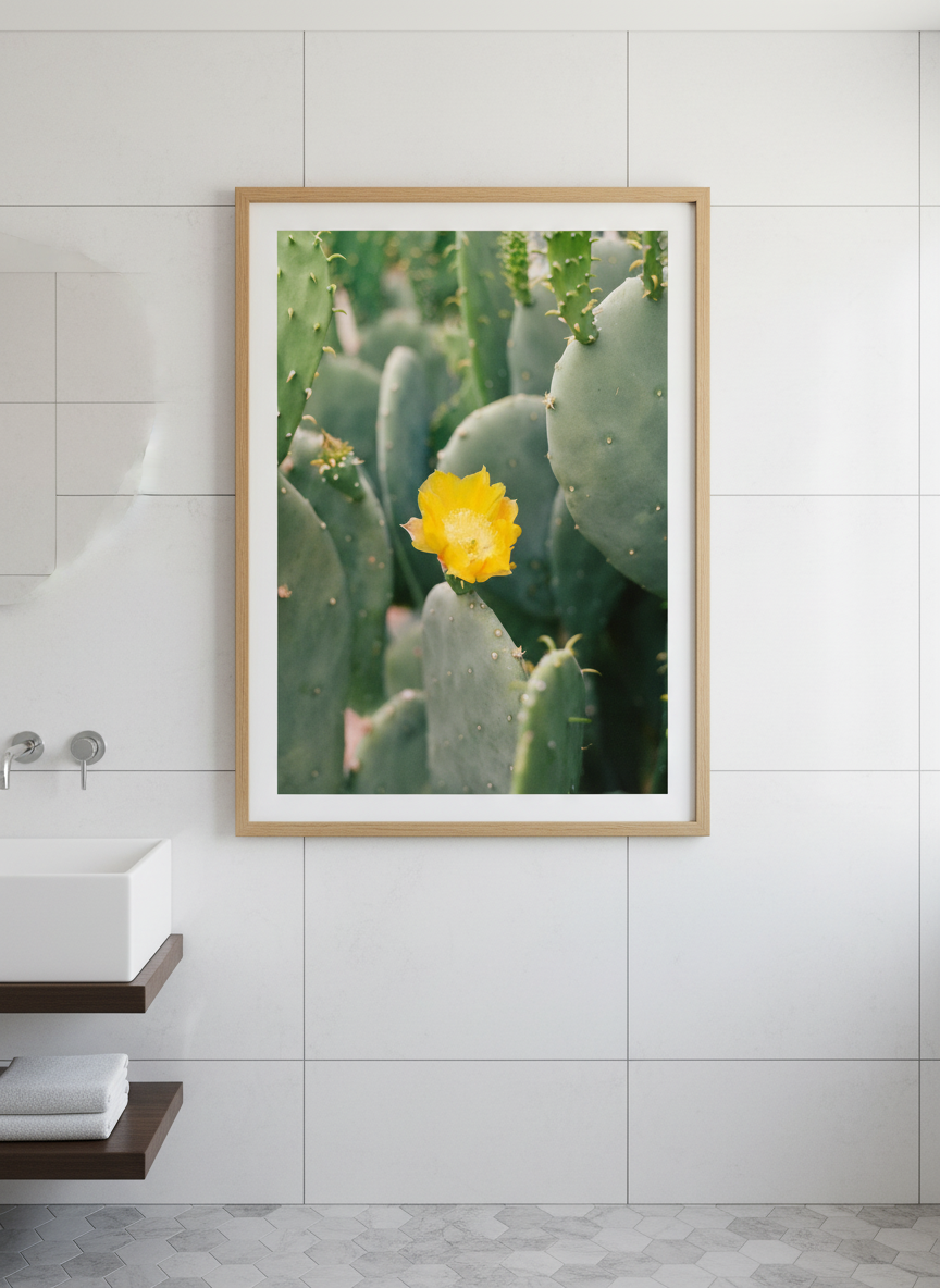 Modern print displayed in a clean minimalist bathroom setting