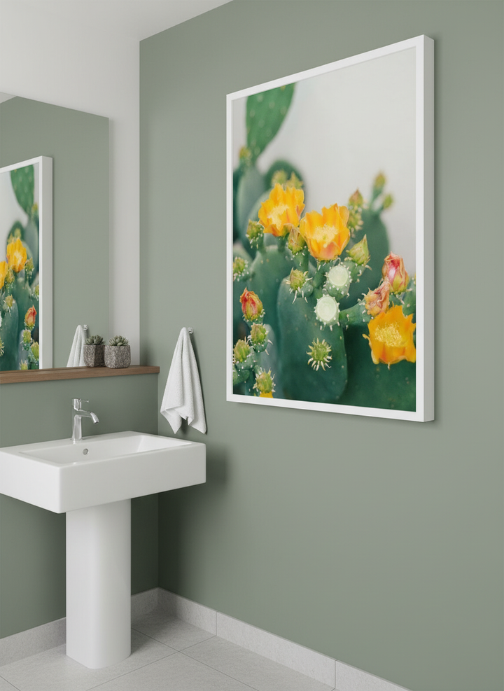 Modern print displayed in a clean minimalist bathroom setting