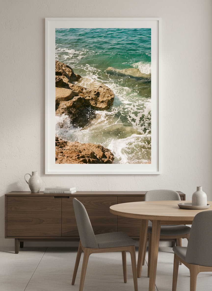 Wall art styled above a dining table in a contemporary home