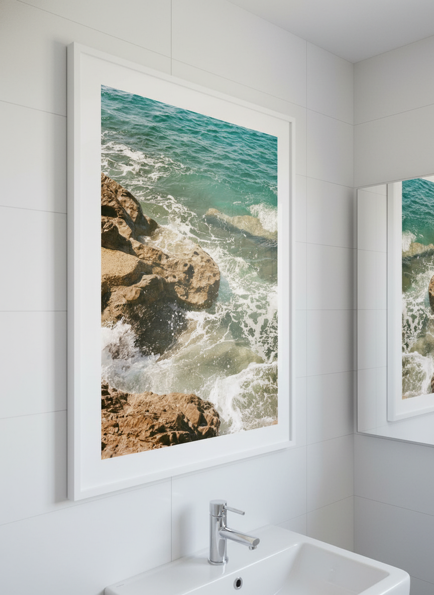 Modern print displayed in a clean minimalist bathroom setting