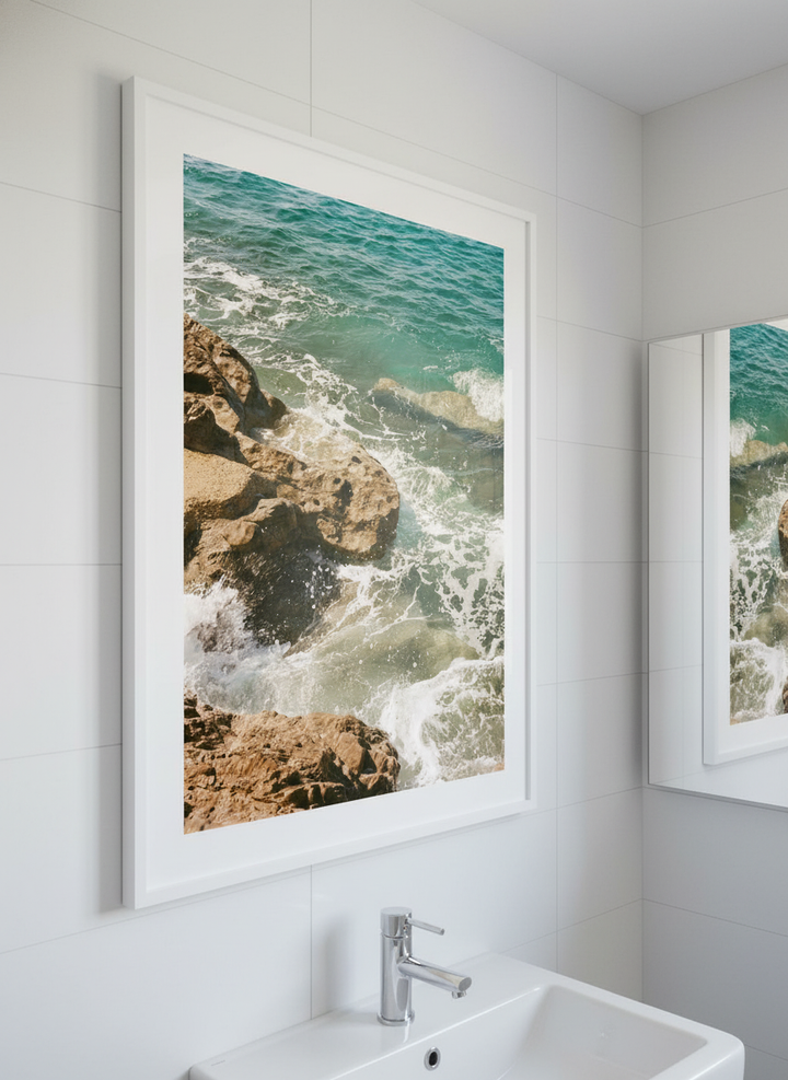 Modern print displayed in a clean minimalist bathroom setting